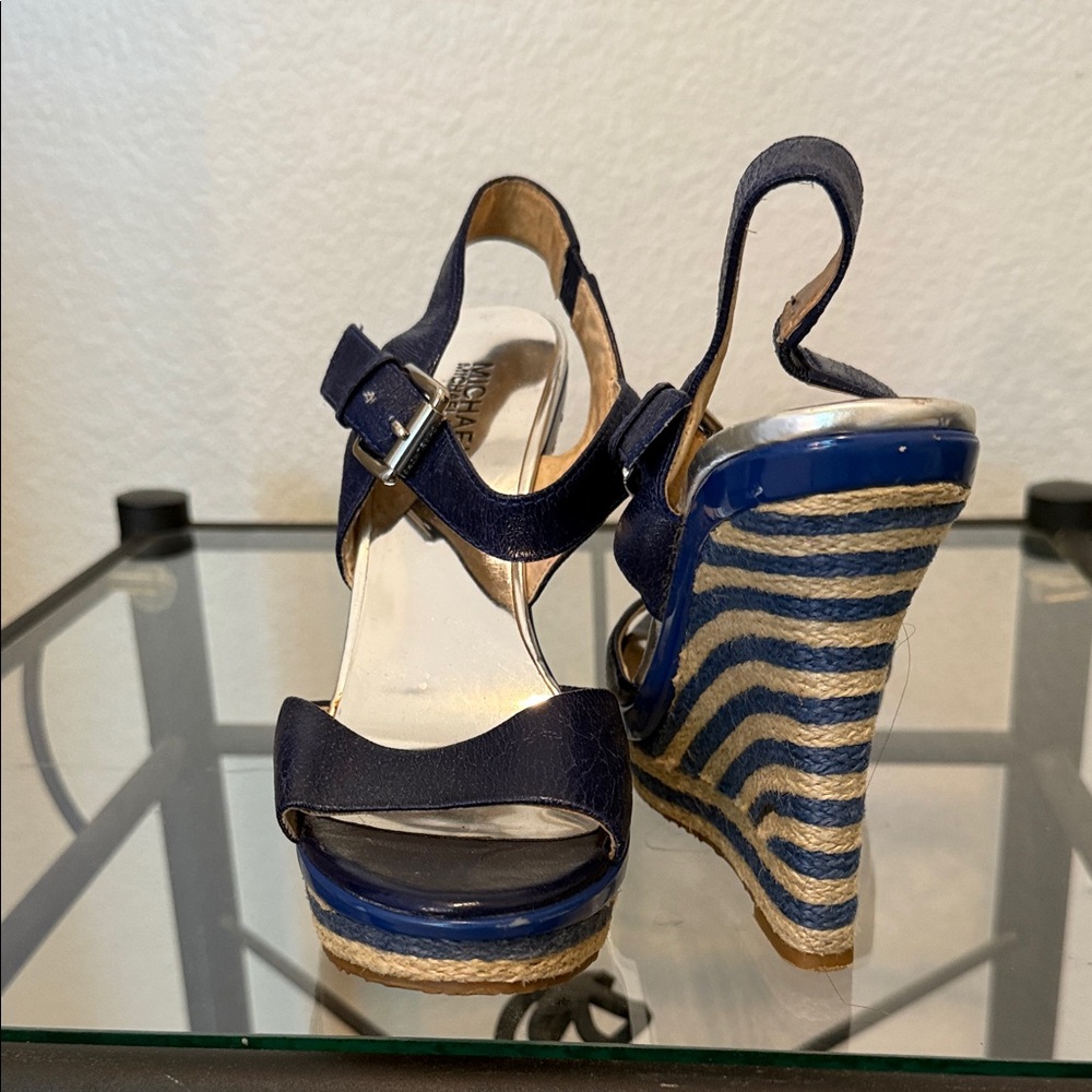 MICHAEL Michael Kors Navy and Tan Wedge Sandals Sz 7.5